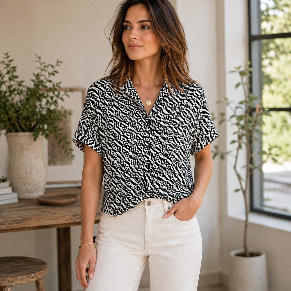 Rachel Zoe Black White Geometric Button Up Shirt Small Modern Graphic Workwear
